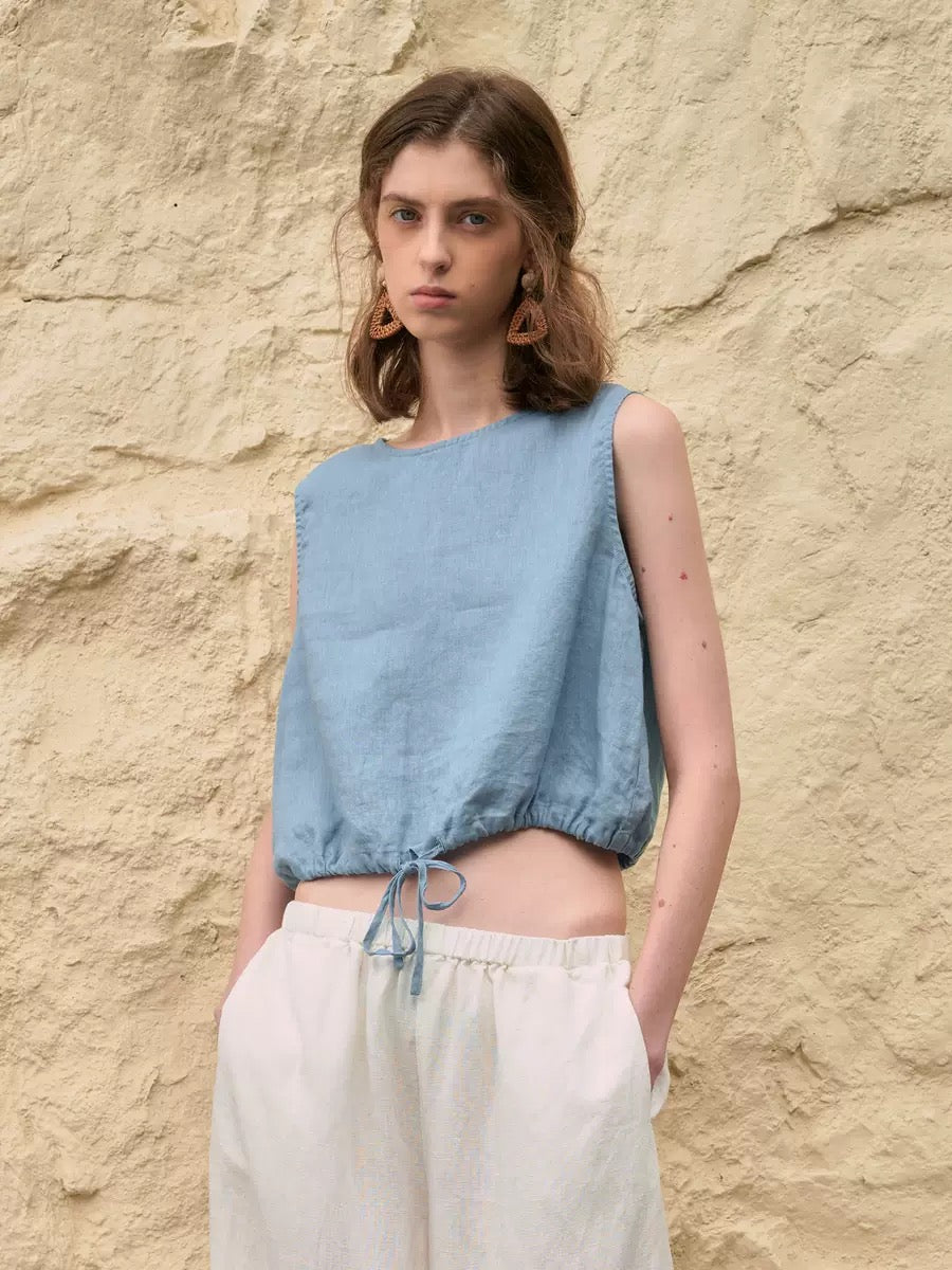 Blue linen cropped blouse, casual old money style summer top