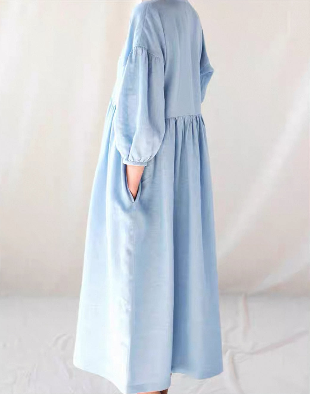 100% Linen Puff Sleeve Wrap Dress V-Neck 3/4 Sleeve Midi Long Dress Vintage Boho Style