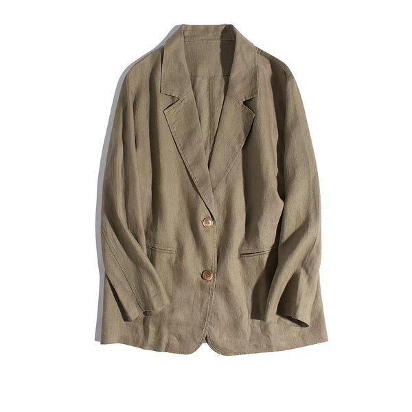 Khaki artistic loose-fit linen coat with long sleeves