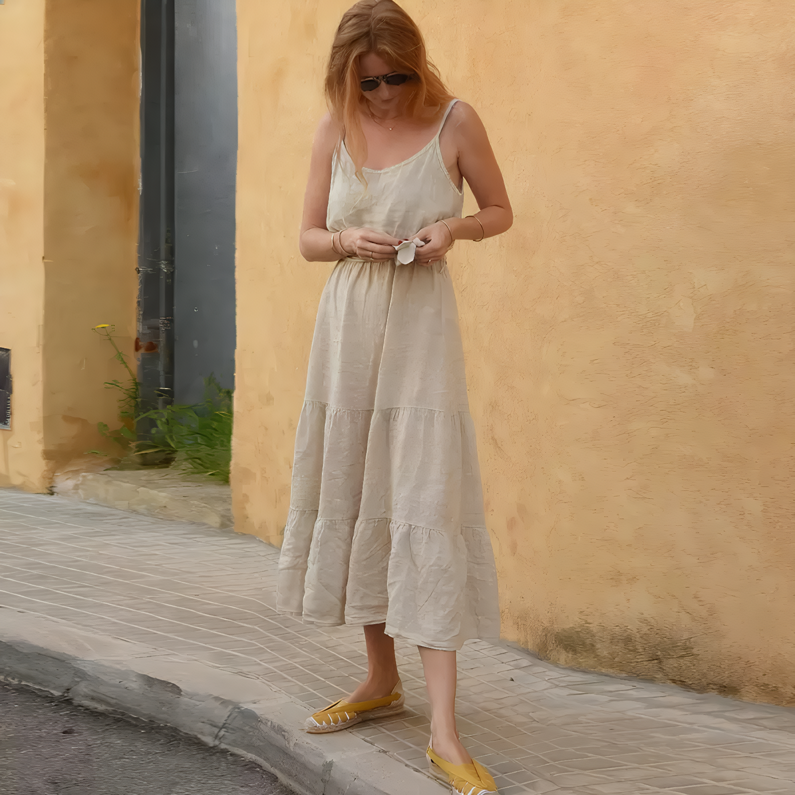 Linen Maxi Dress Spaghetti Strap Sleeveless Summer Long Dress Boho Vacation Style Tiered Sundress with Belt