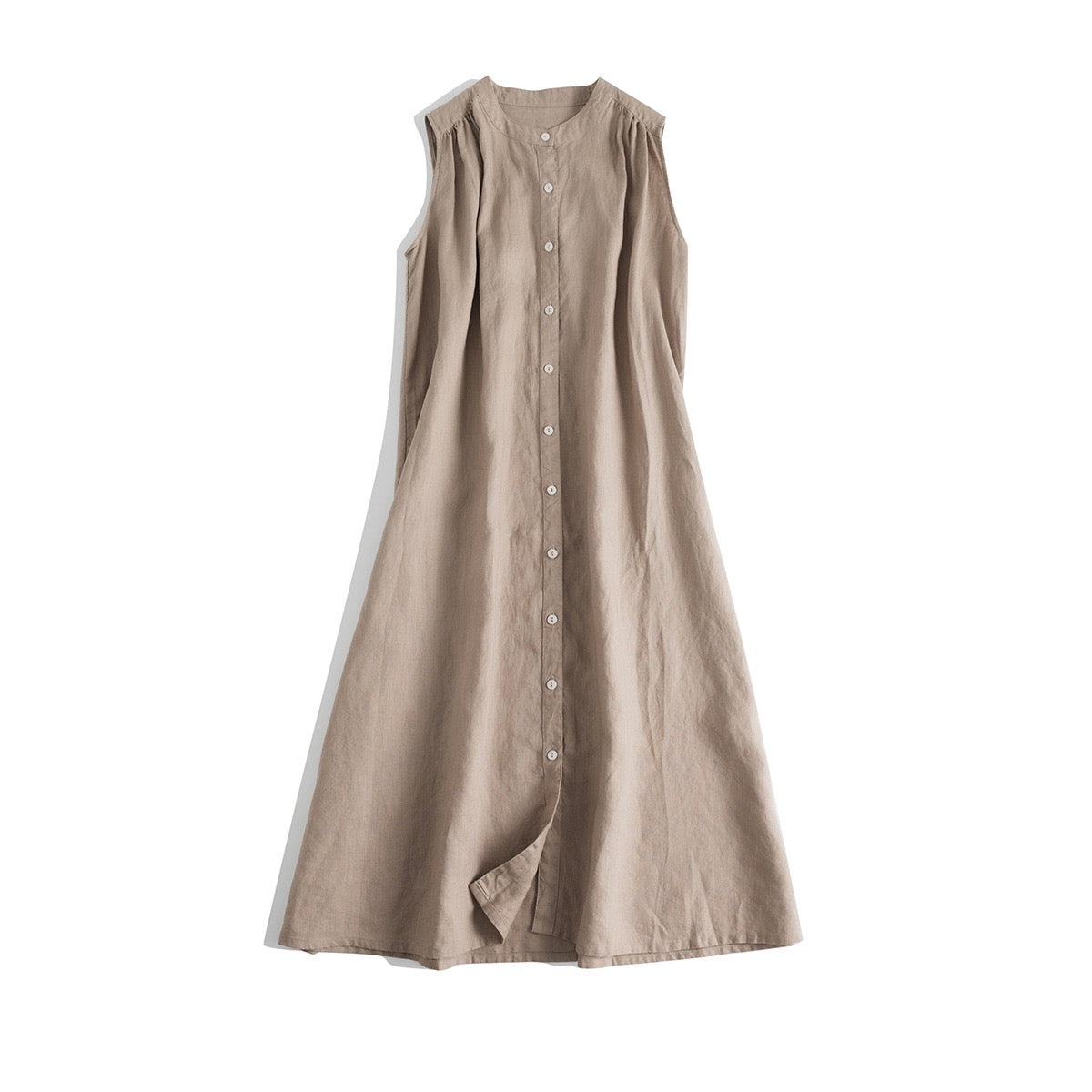 Coffee brown sleeveless pleated linen dress with curved hem