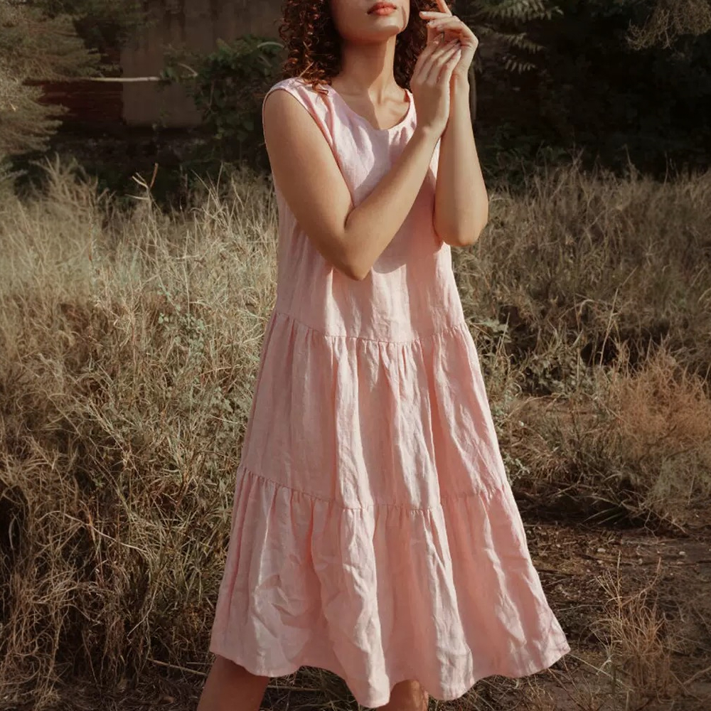 Pink sleeveless linen cotton A-line summer dress for women