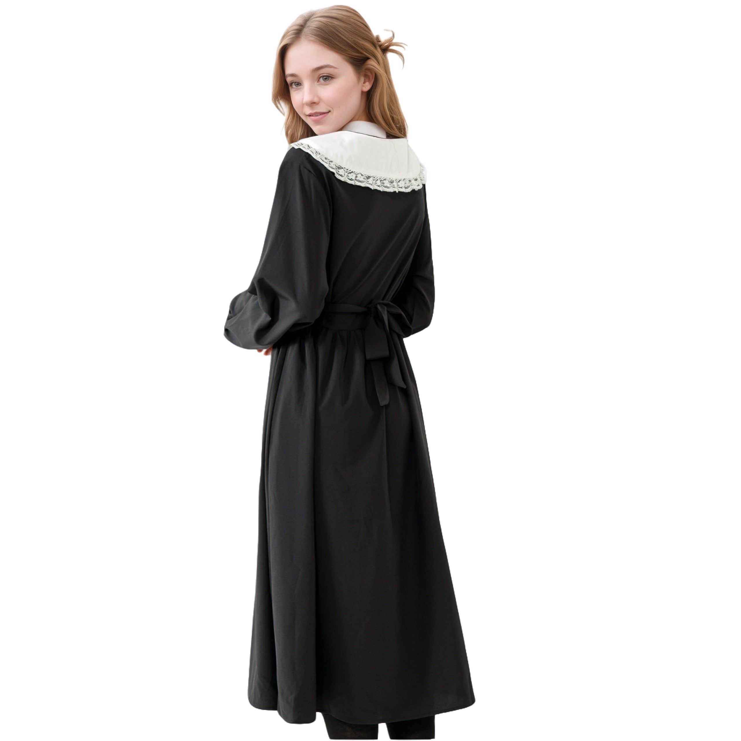 Back view of kawaii black sailor collar dress with bow-tied waist and vintage vibe