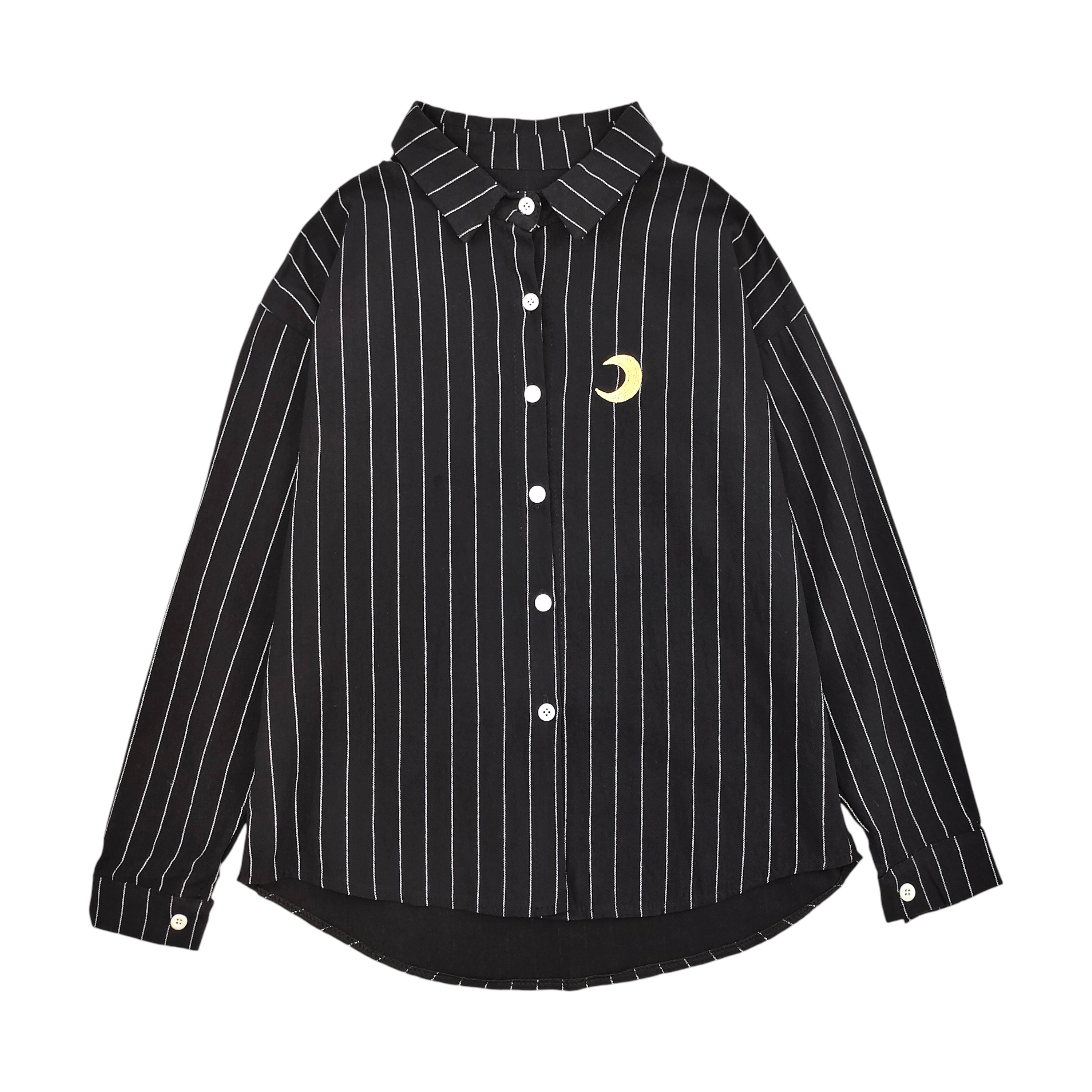 Black striped shirt with yellow moon embroidery, long sleeve blouse front view