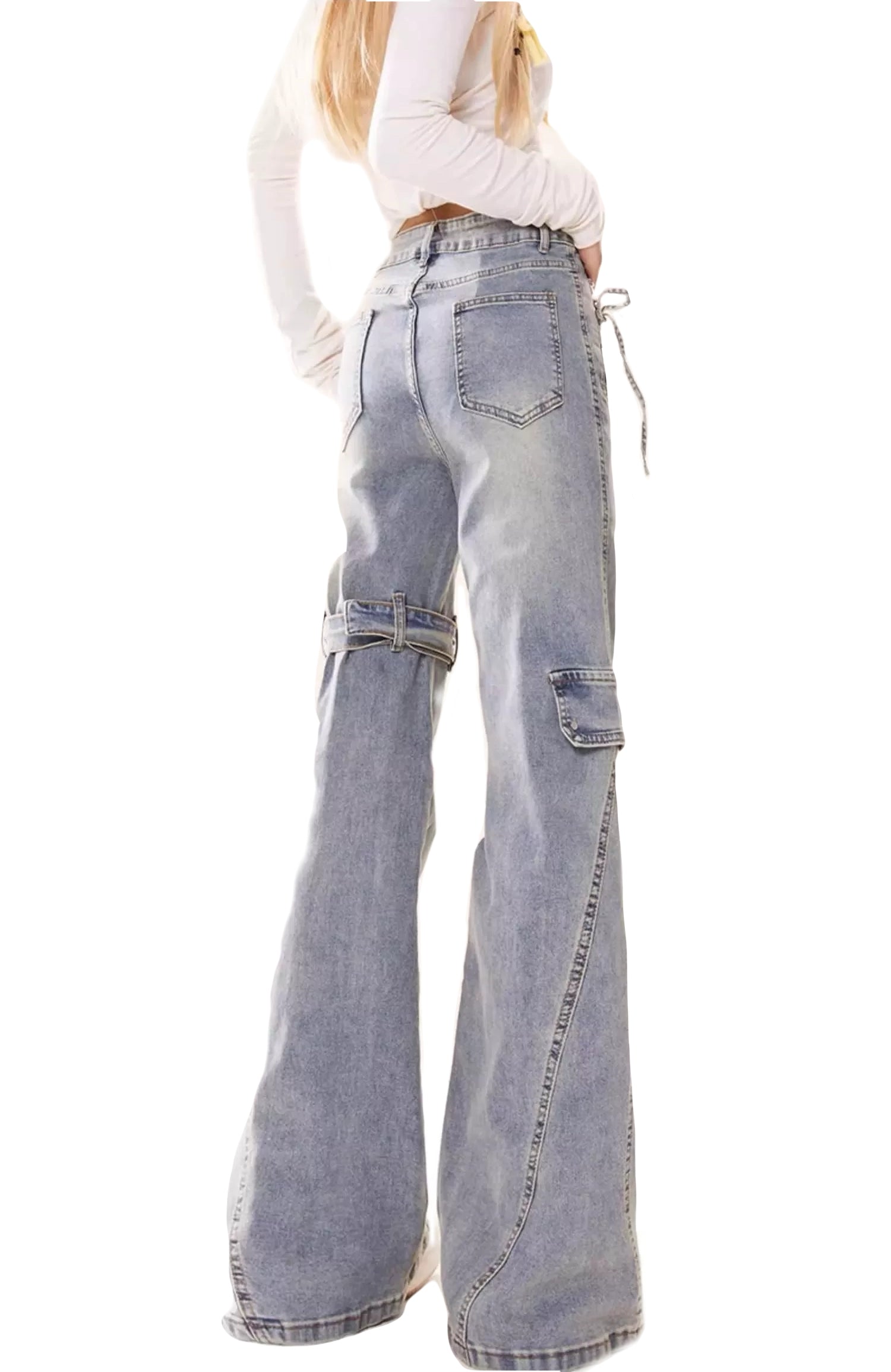 high waist flared jeans cargo bell bottom pants, Y2K jeans for women belted denim pants