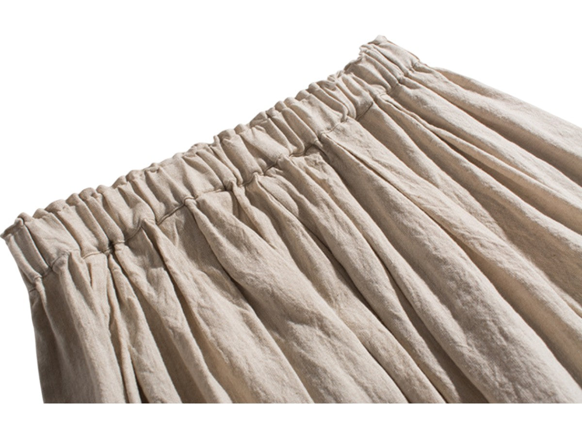 Minimalist Linen A-Line Midi Skirt Women Beige Elastic Waist Pleated Natural