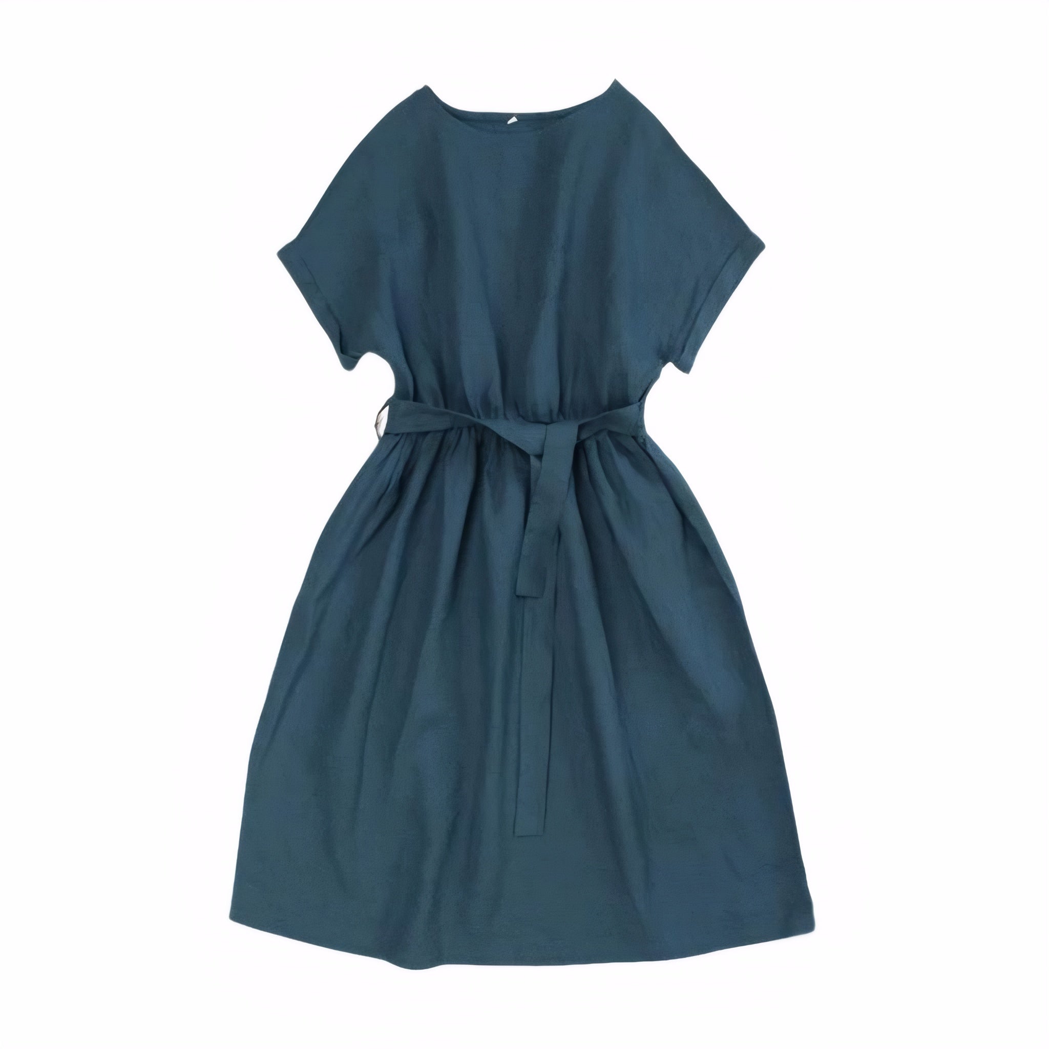 Blue breathable short sleeve linen dress laid flat on beige background