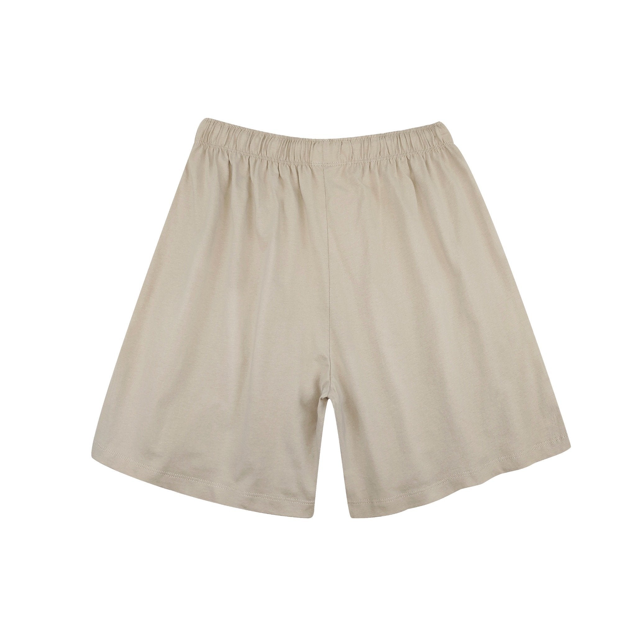 Back view of women’s natural linen blend shorts in oatmeal beige with elastic waist
