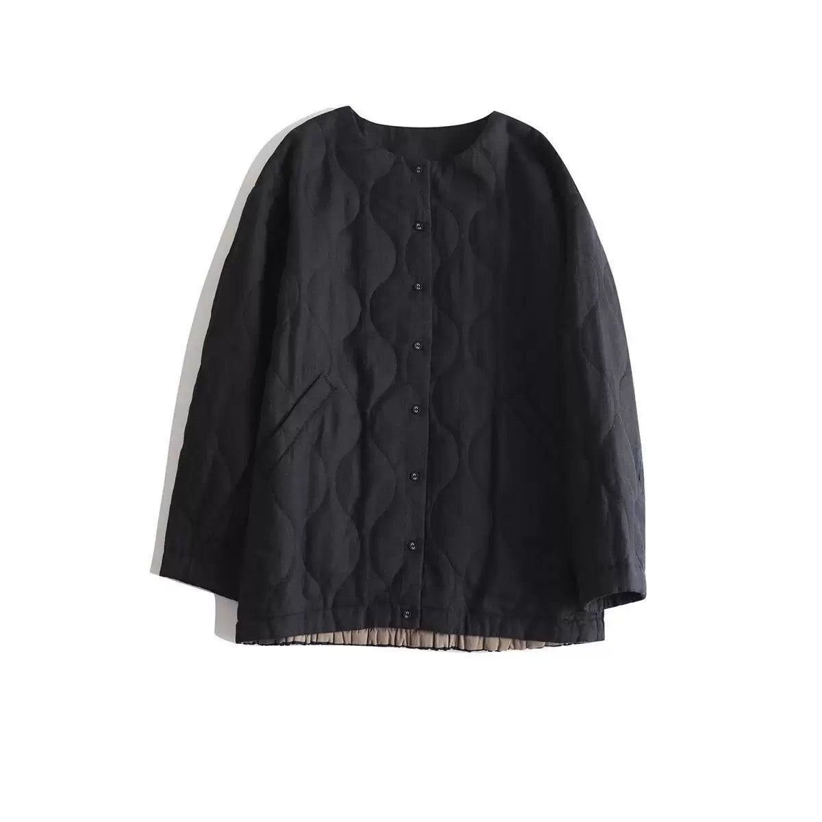 Natural ramie quilted jacket with round neck and padded lining in beige/black/navy, loose XL fit.
