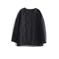 Natural ramie quilted jacket with round neck and padded lining in beige/black/navy, loose XL fit.