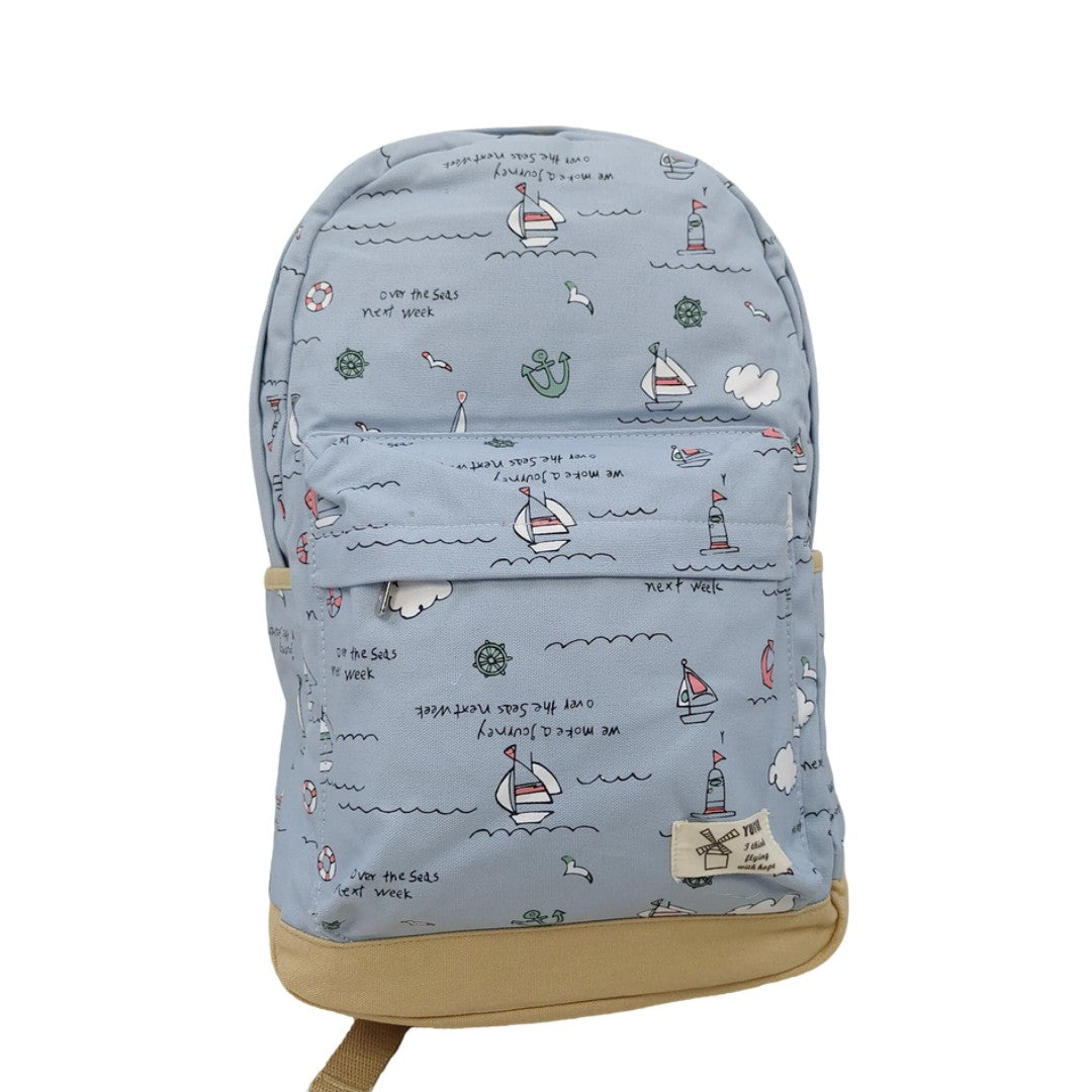 Blue nautical print canvas backpack with sailboat, lighthouse, and anchor pattern, size 15.7x11x5 inches
