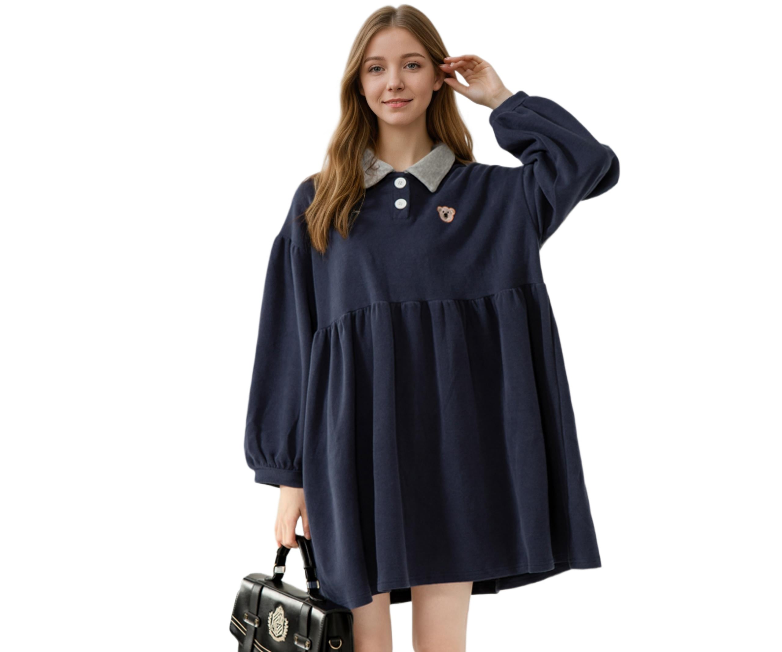 Women’s Kawaii Bunny Embroidery Dress – Long Sleeve Cotton A-Line Dress with Contrast Collar for students