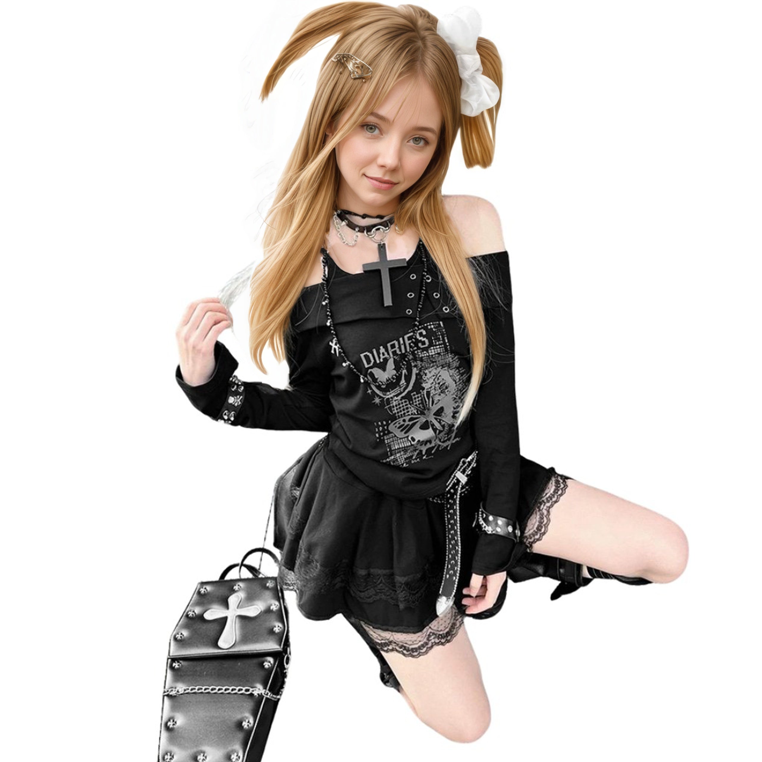 Y2K goth blouse with punk design and cross choker