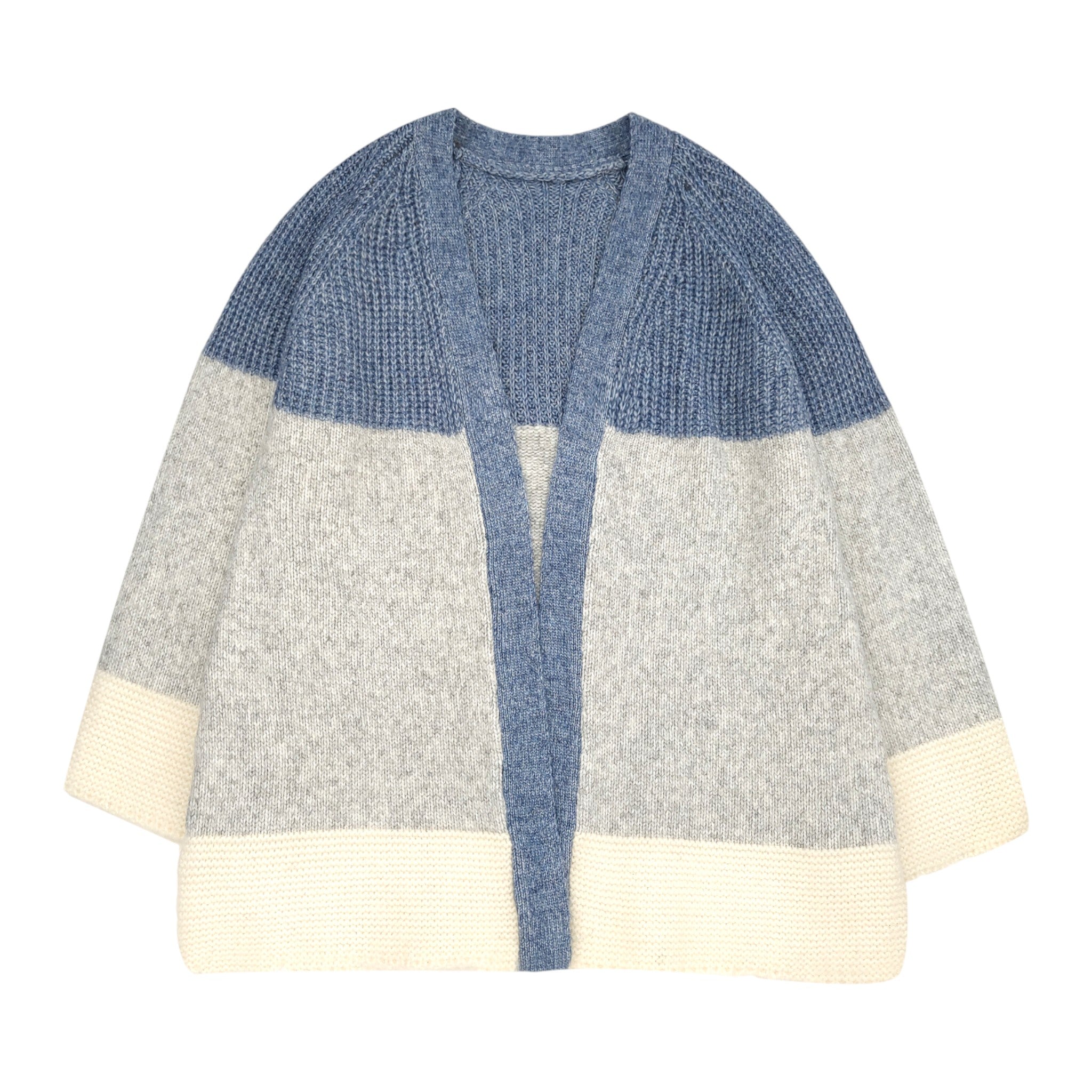 Soft blue gray wool blend open shawl cardigan with cozy colorblock knit texture for women.