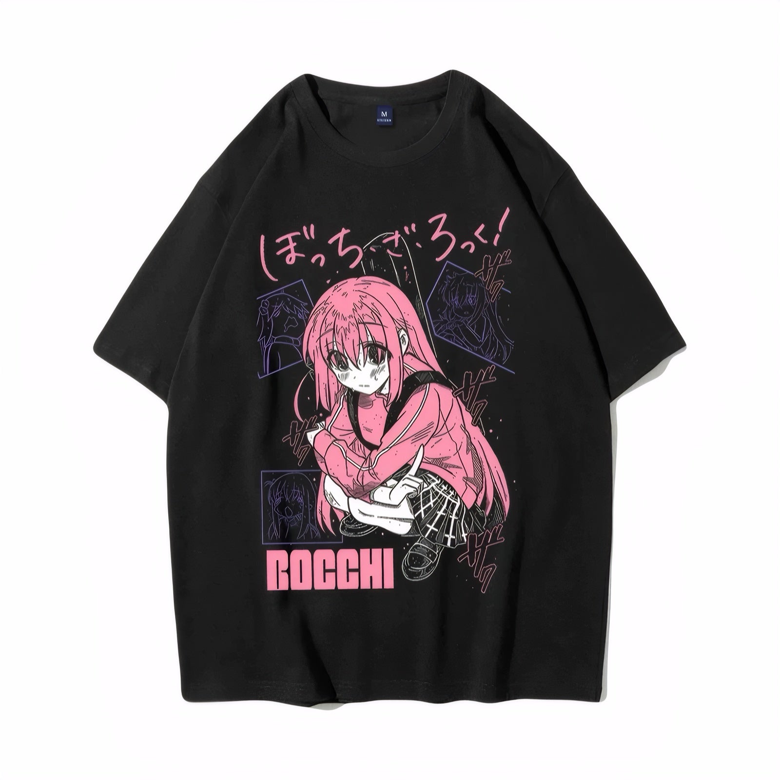 Black anime T-shirt with pink “Bocchi the Rock!” character print, cotton fabric