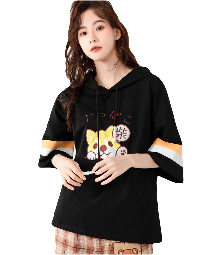 Kawaii Shiba Inu Hoodie T-Shirt Cute Puppy Embroidered Hooded Tee with Dog Ear Hat