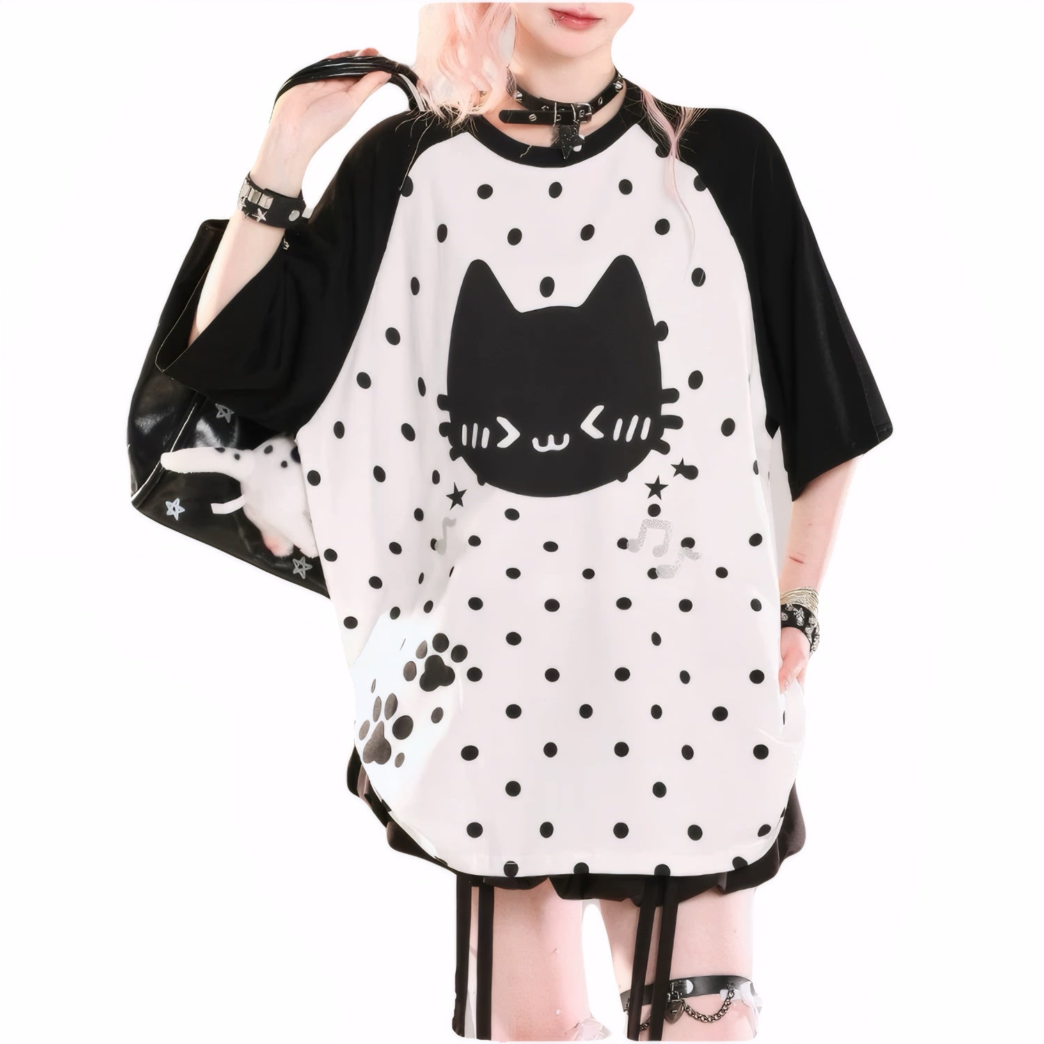 Sweet Kawaii Kitty Print Oversized Raglan T-Shirt Summer Short Sleeve Tee for Girls Harajuku Korean Style Chic Top