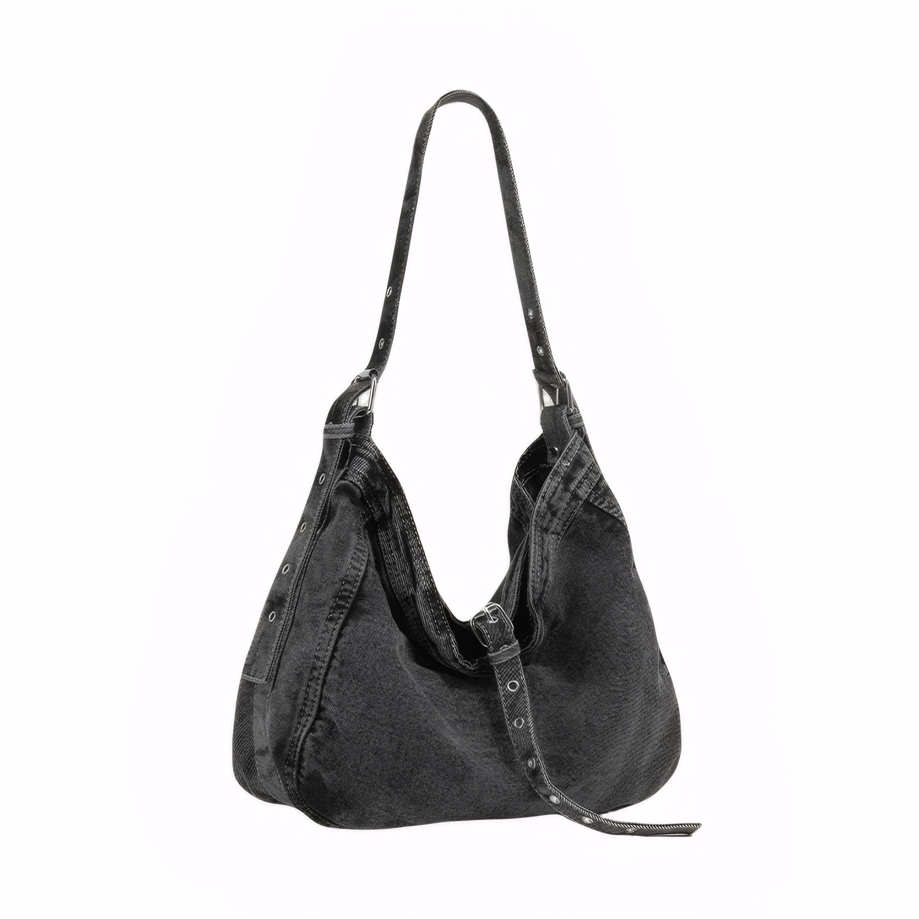 Black Washed Denim Oversized Tote Bag with Adjustable Strap college student daily bag aesthetic denim hobo bag