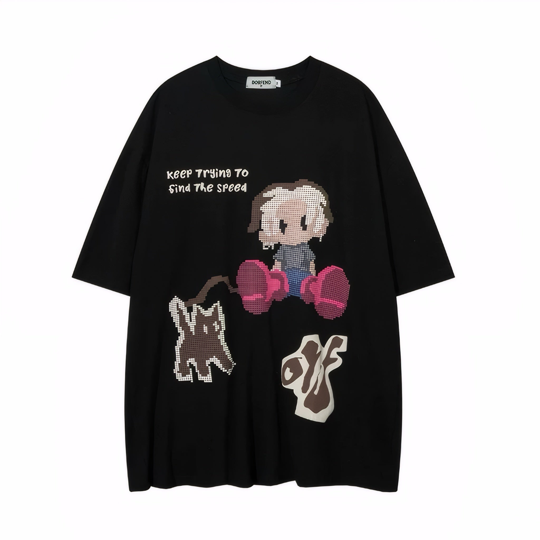 Oversized cartoon pixel T-shirt in black/white/hot pink with retro graphic and "Keep Trying to Find The Speed" slogan