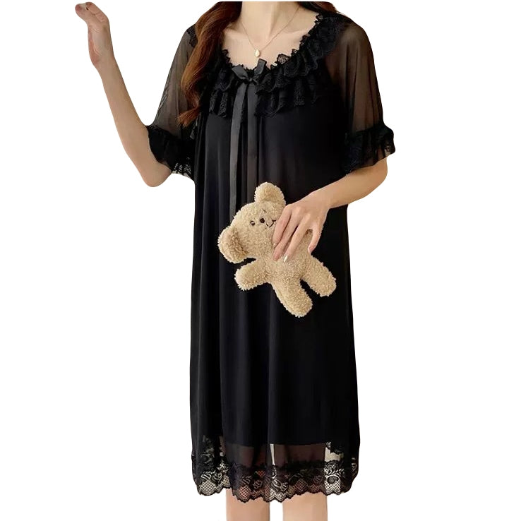 Sweet Princess Nightgown for Women Padded Chest Cotton Mesh Lace Fairy Sleep Dress Summer Lolita Palace Style Sleepwear