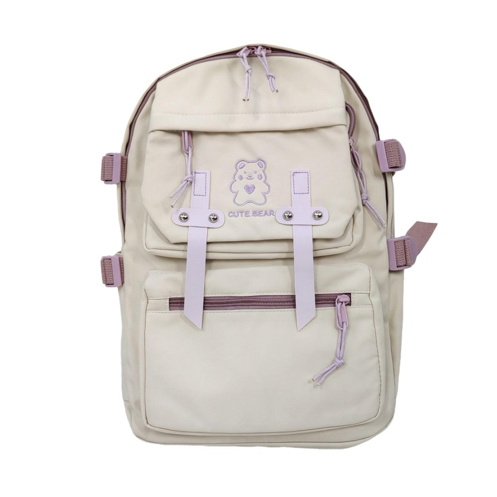Beige kawaii backpack with purple cute bear embroidery