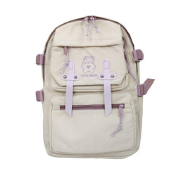 Beige kawaii backpack with purple cute bear embroidery