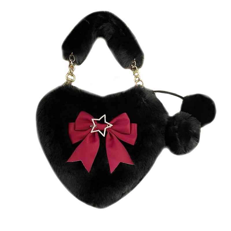 Black faux fur heart purse with red bow and golden star embellishment pastel aesthetic fashion kawaii heart bag