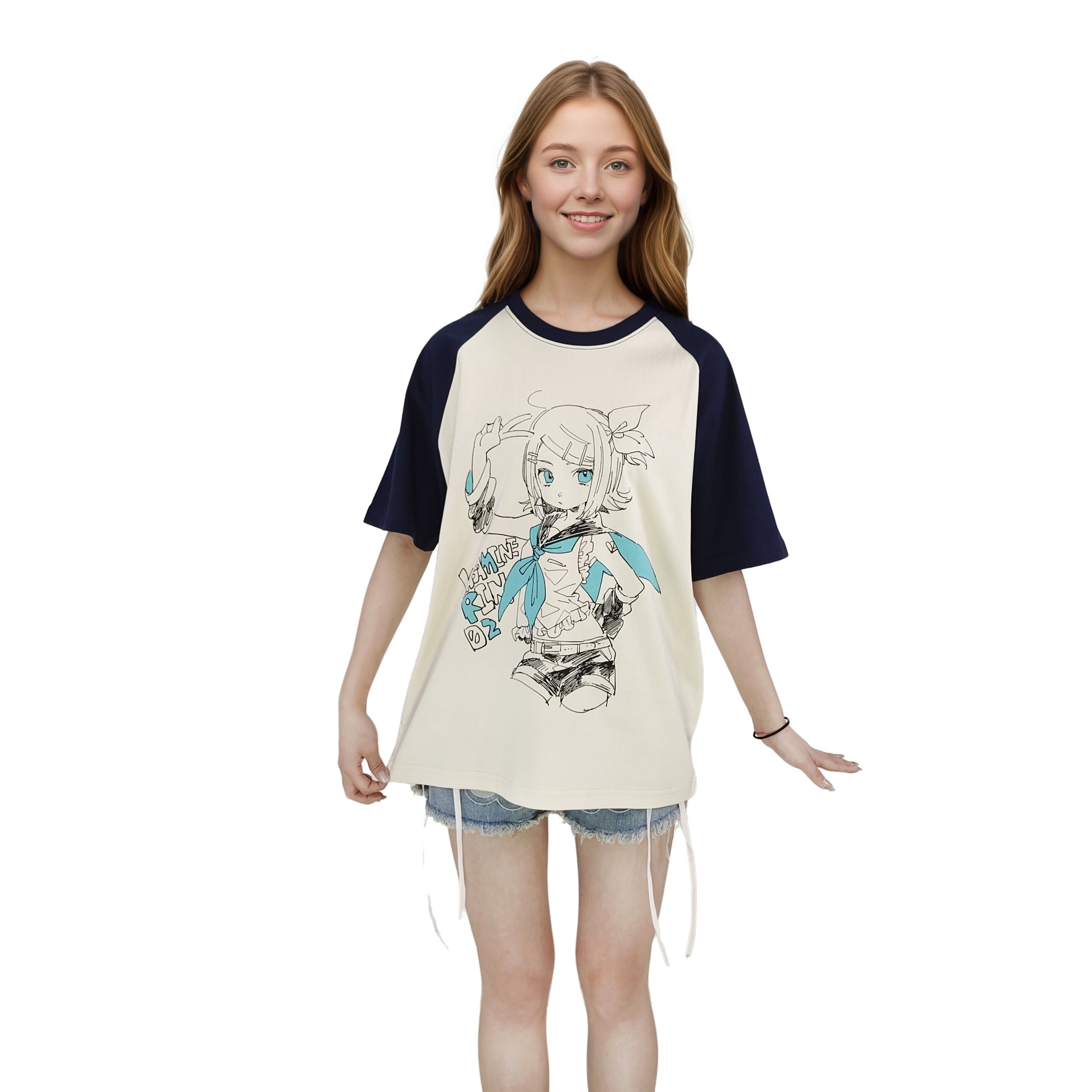 Girl modeling kawaii oversized anime Rin shirt with shorts and casual style