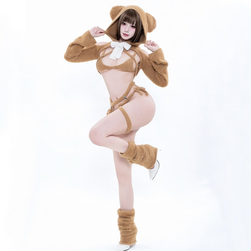 Fluffy Bear Cosplay Bikini Set with Fuzzy Gloves & Leg Warmers Soft Girl Faux Mink Lingerie