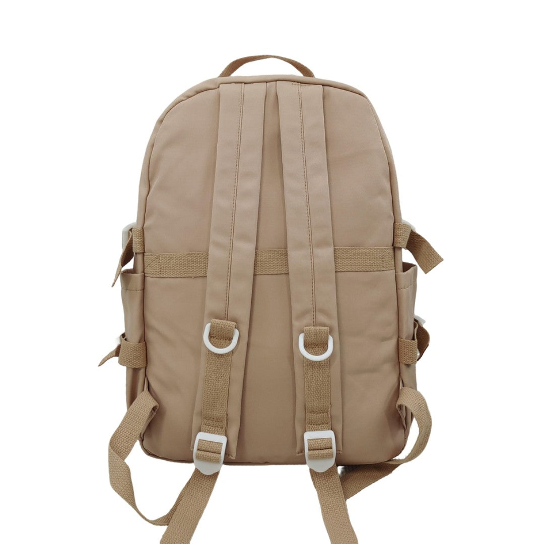 Caramel Brown Embroidered Backpack with Plush Charm Cartoon Pins Student School Bag