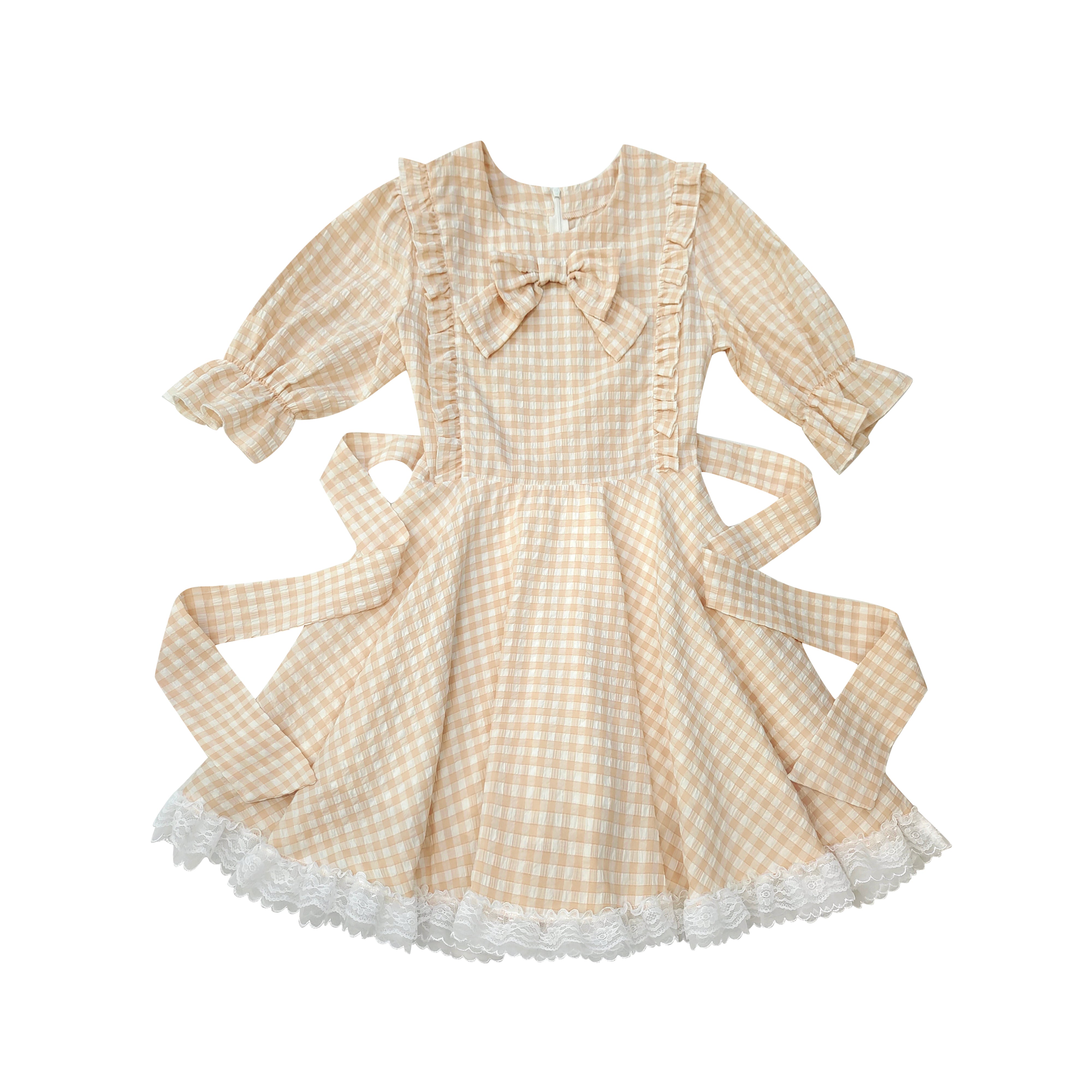 Beige checkered lolita dress with ruffle hem and cute bows gingham puff sleeve dress