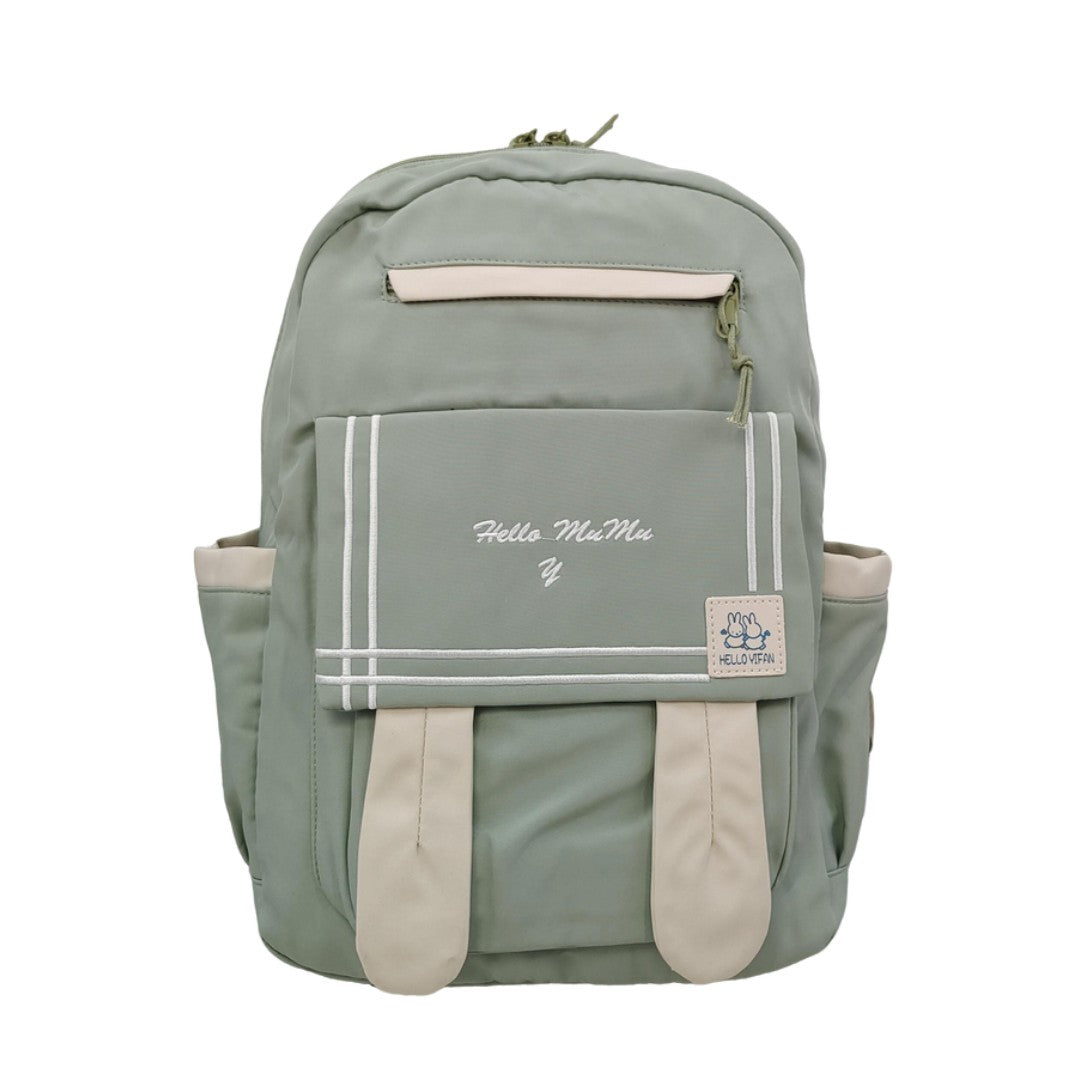 Green kawaii backpack with front flap pocket, side water bottle holders, and spacious interior, size 15.7x11x4.3 inches