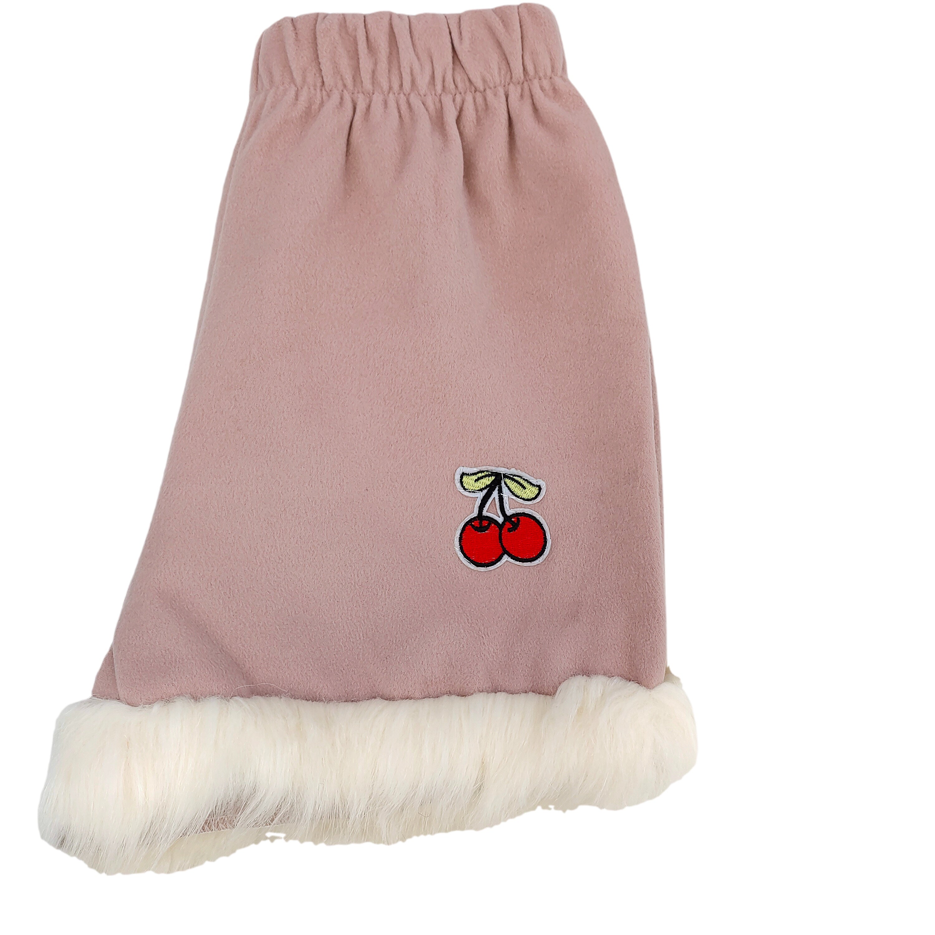 Pink Fleece Trim Shorts with Cherry Embroidery Cozy Winter Cute Style Elastic Waist Shorts
