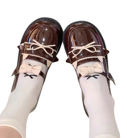kawaii school shoes anime cosplay cat ear bow shoes brown patent mary janes