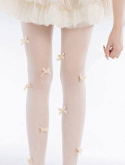 Cute Lolita Velvet Tights with Bows & Pearls Ribbed Bowknot Pantyhose for Girls All Seasons