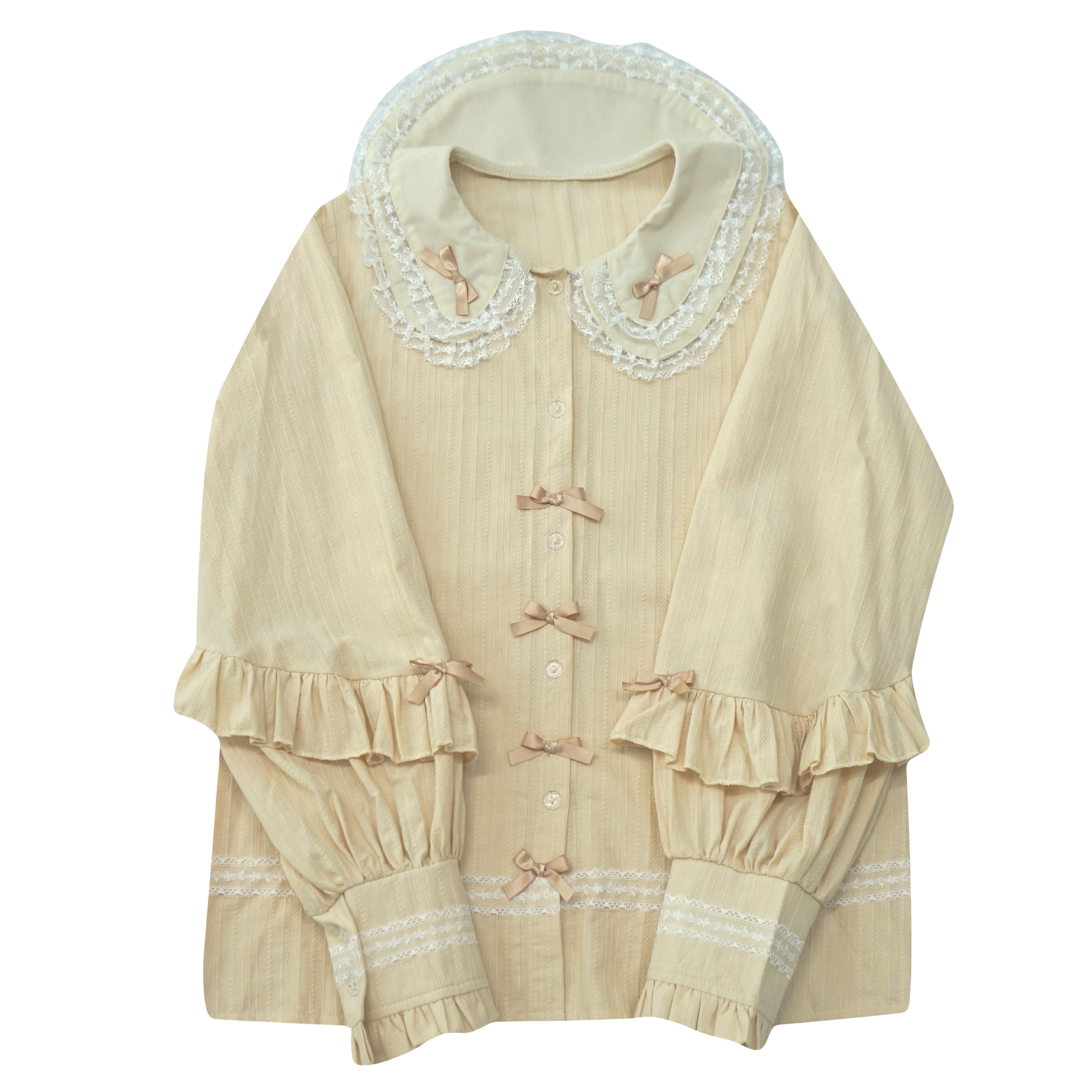 yellow Lolita-style blouse with lace collar, bows, and ruffle sleeves cute lolita top, mori girl soft girl blouse