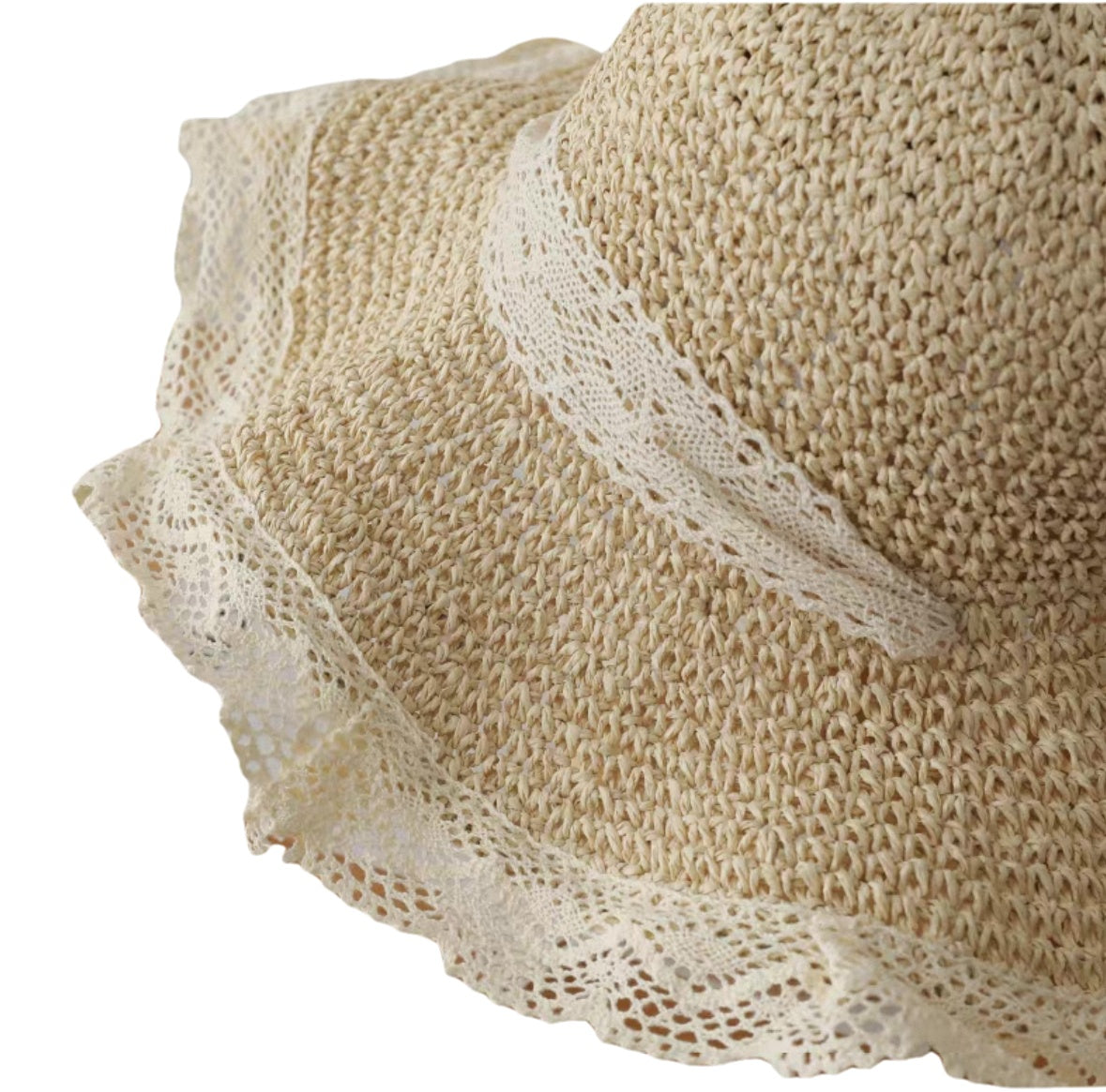 French Style Lace Trim Straw Sun Hat for Women Wide Brim Summer Beach Hat with Bow Floppy Paper Straw Fisherman Cap