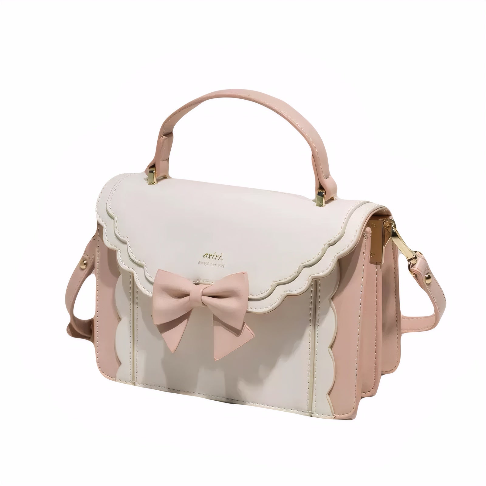 Kawaii Lolita-style PU leather accordion bag with bow and scalloped edges, in pink and white