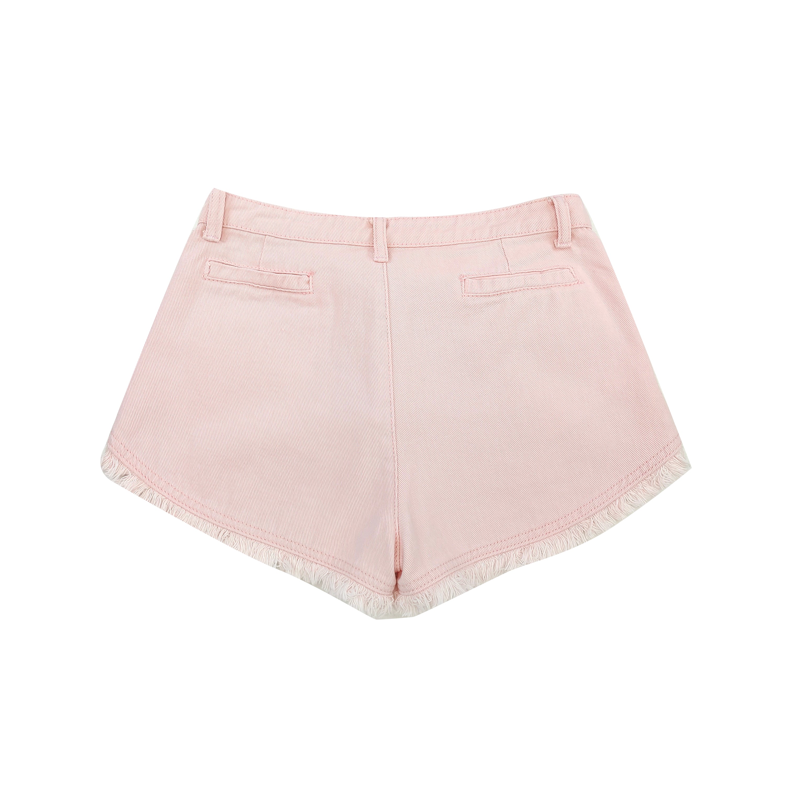 Back view of pink frayed hem denim shorts