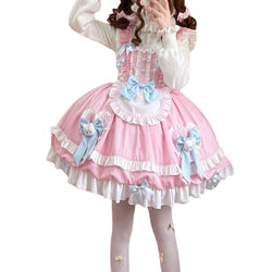 kawaii above knee chiffon kitty heart shape button costume dress pink for girls