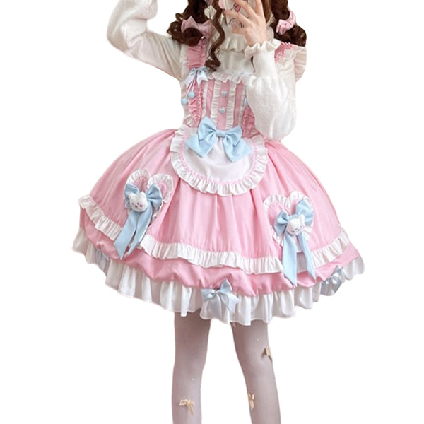 kawaii above knee chiffon kitty heart shape button costume dress pink for girls