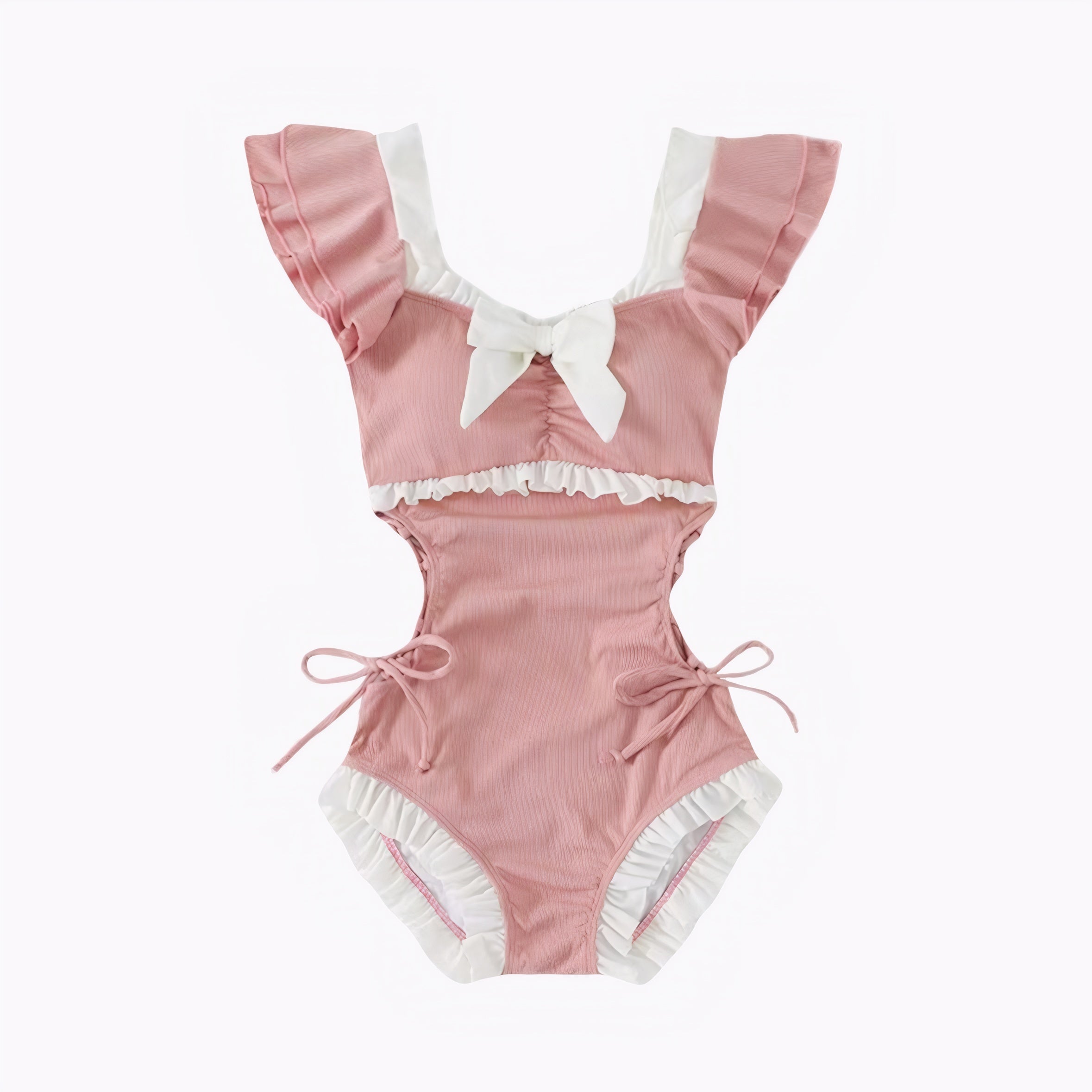 Cute pink one-piece swimsuit with white ruffle trim, front bow, and side cutouts in Korean Lolita style