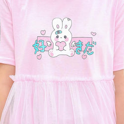 Kawaii Bunny Graphic T-Shirt Dress White Short Sleeve Tee with Sheer Tulle Skirt with Mesh Overlay