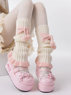 Sweet Lolita Knit Leg Warmers with Bow Pom-Pom Slouch Socks for Girls JK Outfits