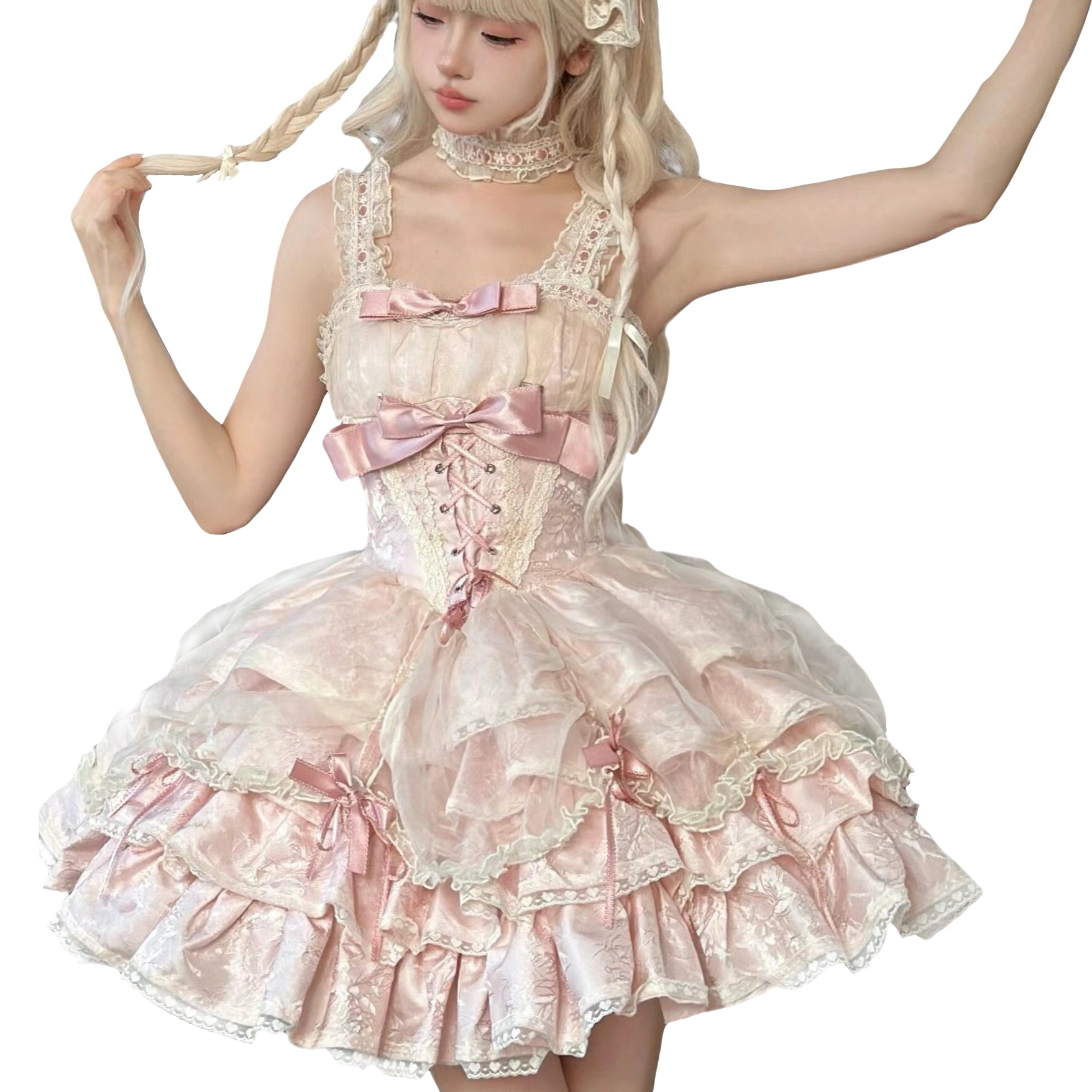 Sweet pink Lolita cocktail dress with ruffle layers and lace trim detachable sleeve cocktail dress