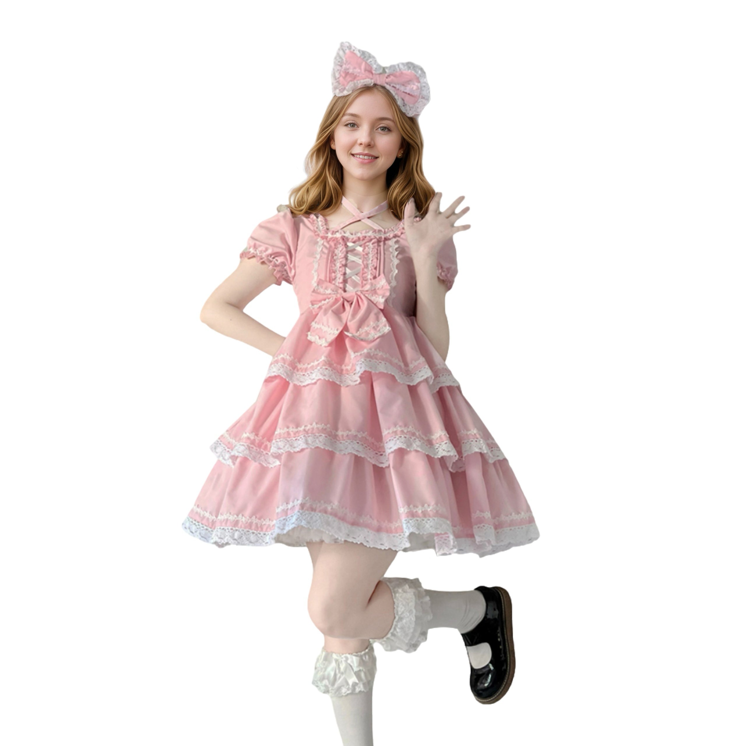 Tiered ruffle cosplay dress with bow and puff sleeves pink ruffle princess dress