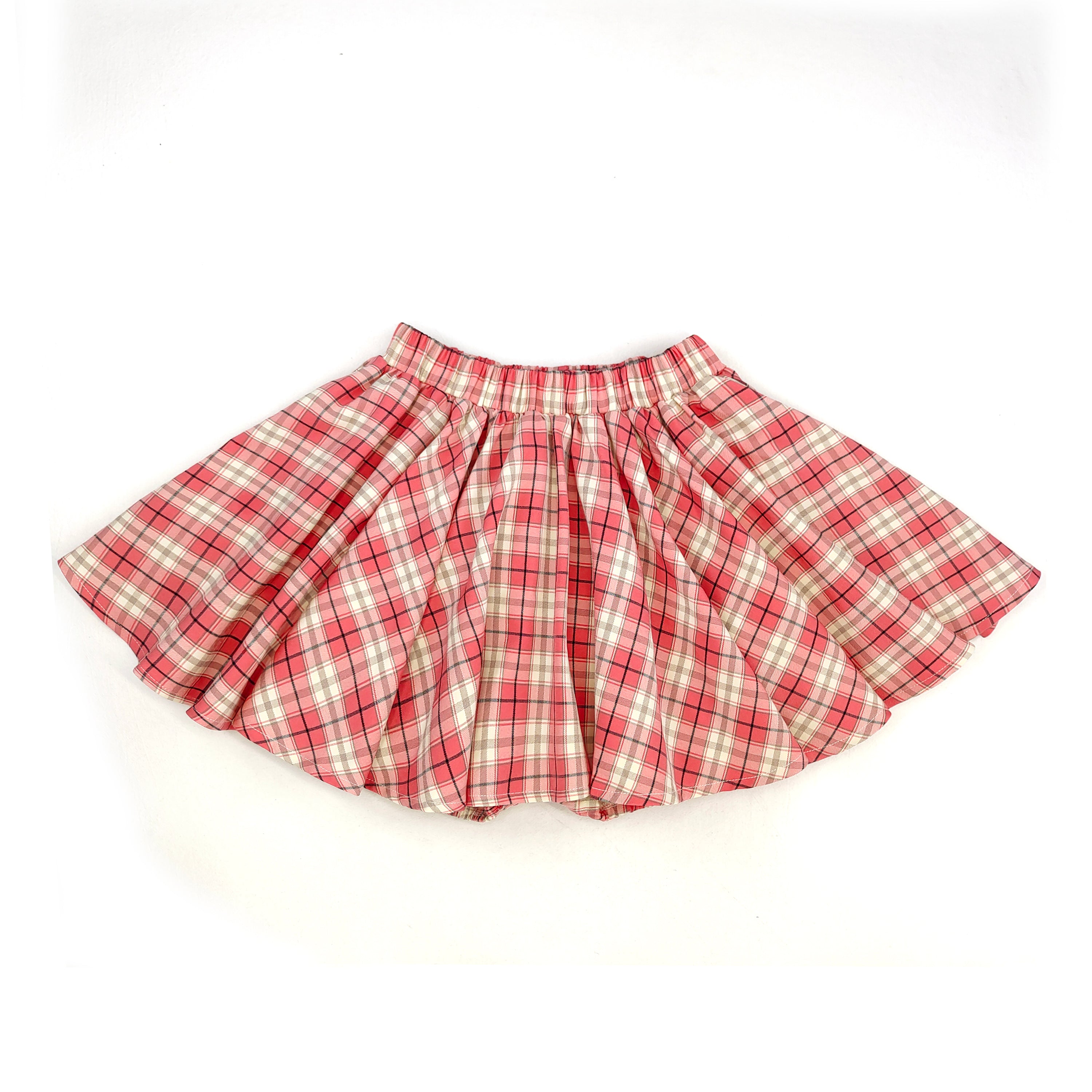 Pink plaid pleated mini skirt with built-in shorts, elastic waist cotton skort for women, cute Japanese preppy style.