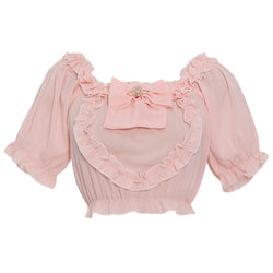 cute sweet high waist short sleeves slim heart pattern summer chiffon blouse with bows