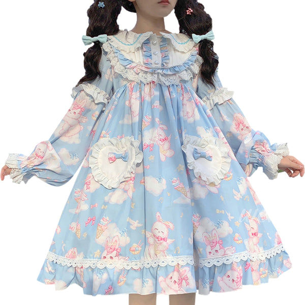 knee long A-line bunny printing kawaii lolita dress with ruffles and bows