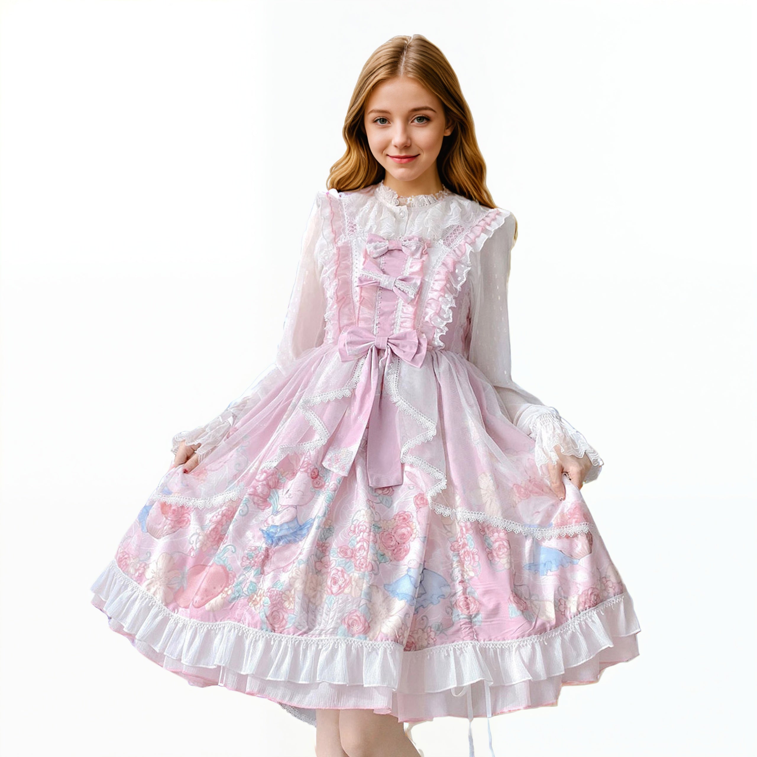 vintage rabbit flower strawberry printing lace edge retro lolita dress with bows
